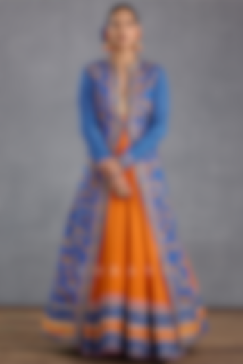 Bright Orange Slub Silk Embroidered Anarkali With Jacket by TORANI