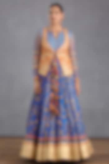 Persian Blue Slub Silk Digital Printed Anarkali With Jacket by TORANI