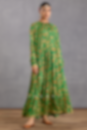 Rich Green Slub Silk Digital Printed Maxi Dress by TORANI