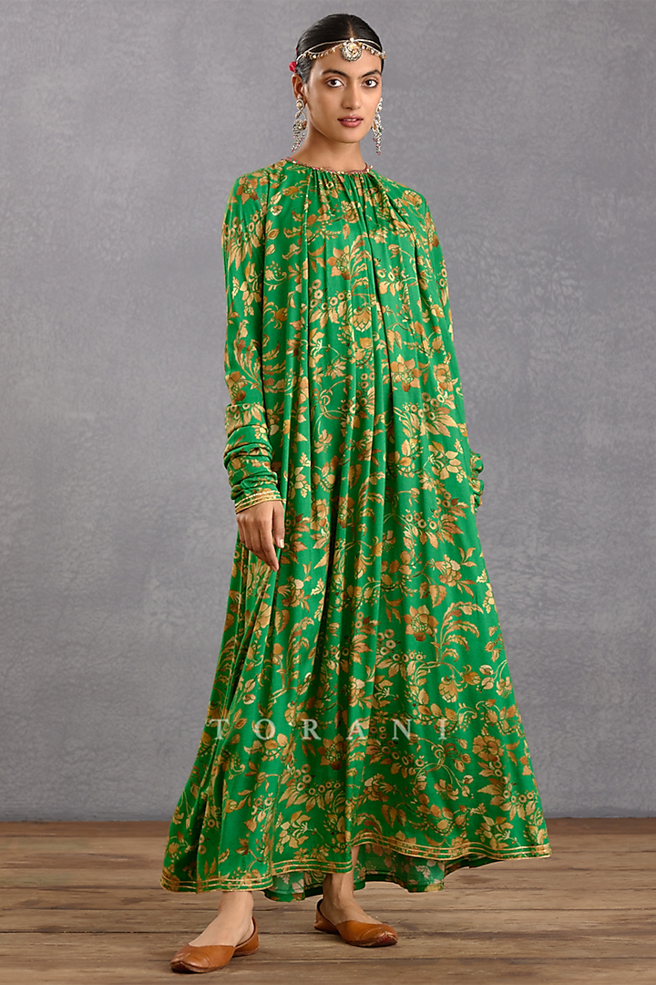 Rich Green Slub Silk Digital Printed Maxi Dress by TORANI at Pernia's Pop Up Shop