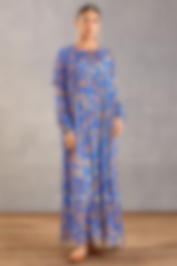 Persian Blue Slub Silk Digital Printed Maxi Dress by TORANI