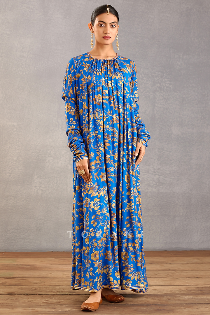 Persian Blue Slub Silk Digital Printed Maxi Dress by TORANI