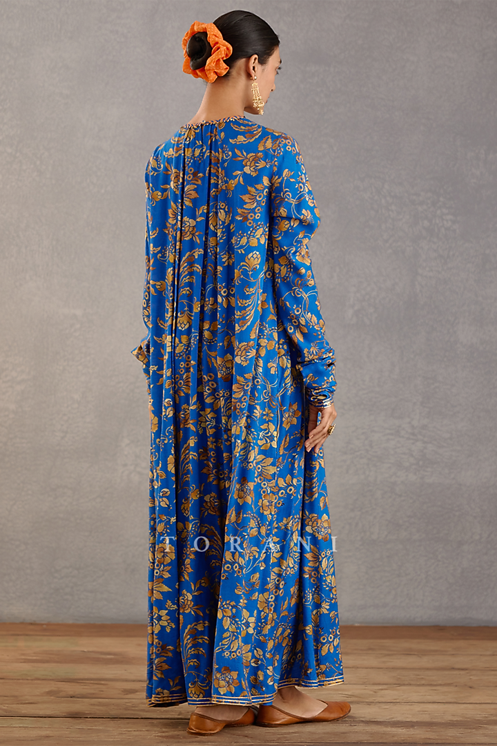 Persian Blue Slub Silk Digital Printed Maxi Vacation Dress by TORANI at Pernia's Pop Up Shop