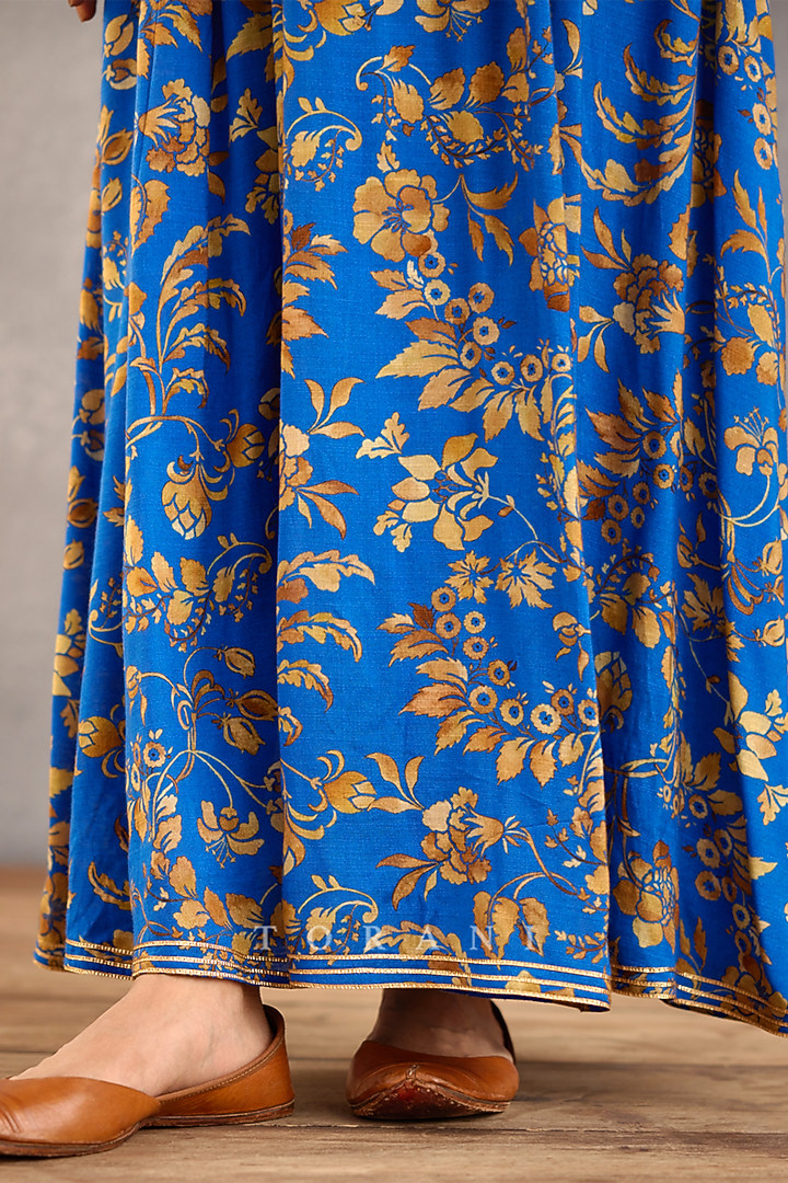 Persian Blue Slub Silk Digital Printed Maxi Vacation Dress by TORANI at Pernia's Pop Up Shop