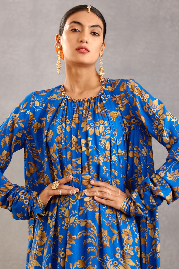 Persian Blue Slub Silk Digital Printed Maxi Vacation Dress by TORANI at Pernia's Pop Up Shop