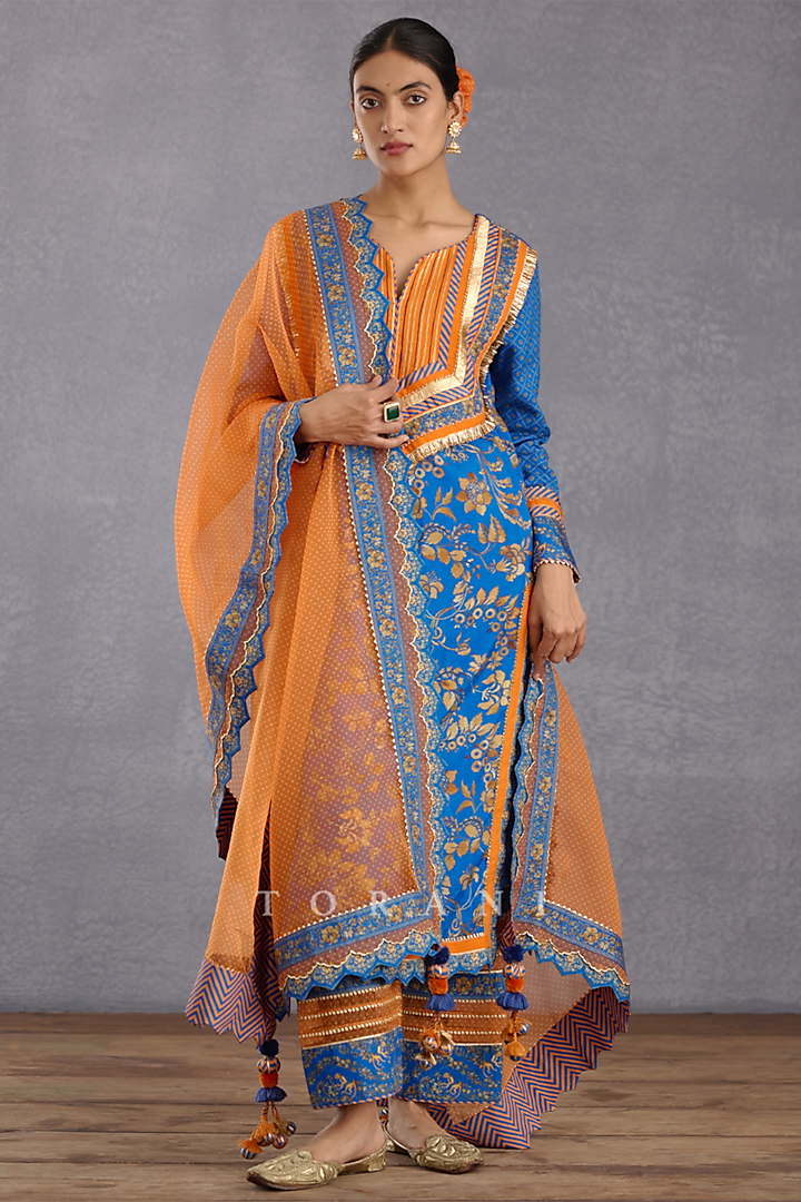 Persian Blue Slub Silk Printed Kurta Set by TORANI