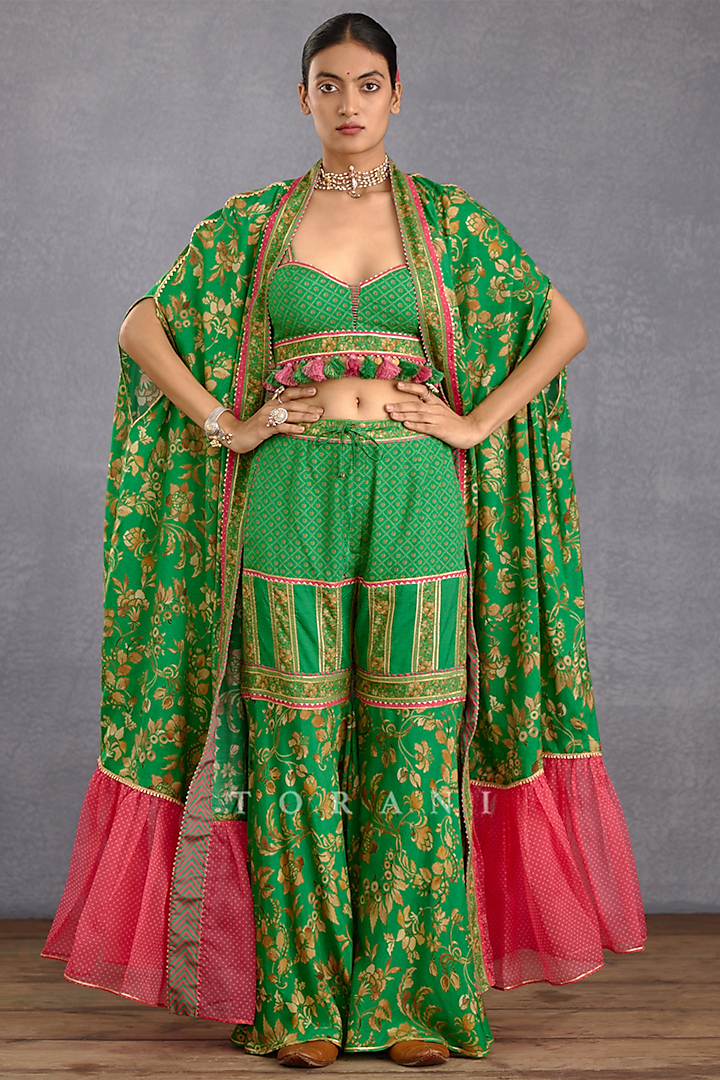 Green Slub Silk & Cotton Silk Printed Sharara Set by TORANI