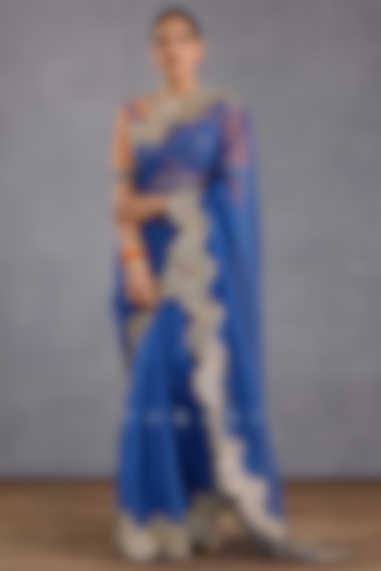 Persian Blue Silk Organza Embroidered Saree Set by TORANI