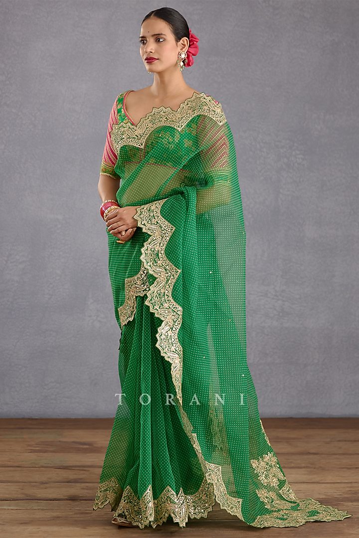 Rich Green Silk Organza Embroidered Saree Set by TORANI