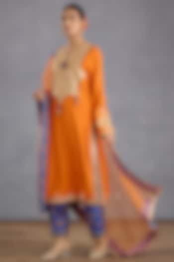 Orange Slub Silk Embroidered Kurta Set by TORANI
