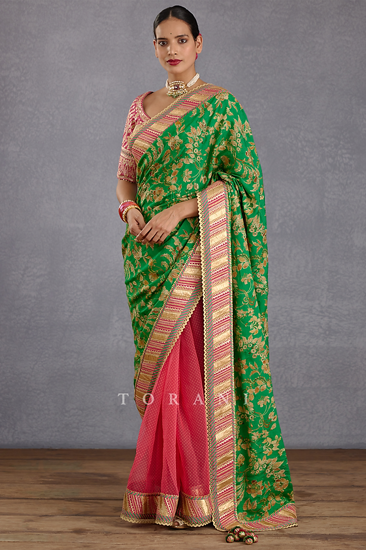 Rich Green Silk Organza Hand Block Printed & Gota Embroidered Saree Set by TORANI