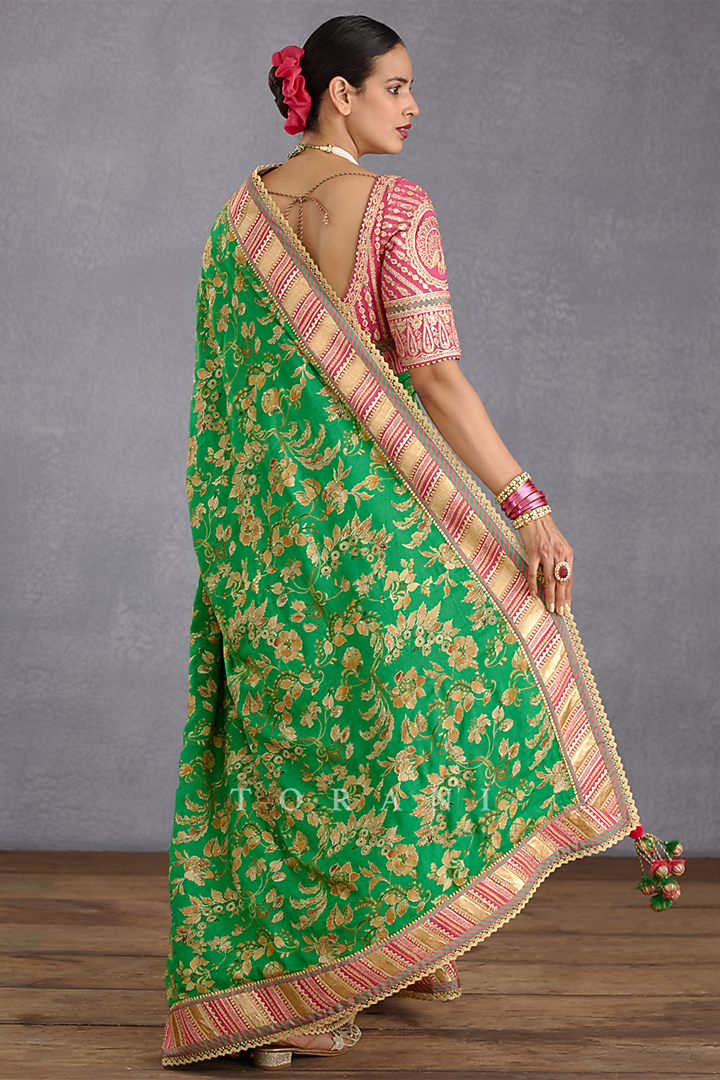 Rich Green Silk Organza Hand Block Printed & Gota Embroidered Wedding Saree by TORANI at Pernia's Pop Up Shop