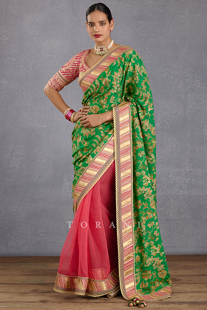 Rich Green Silk Organza Hand Block Printed & Gota Embroidered Wedding Saree by TORANI at Pernia's Pop Up Shop