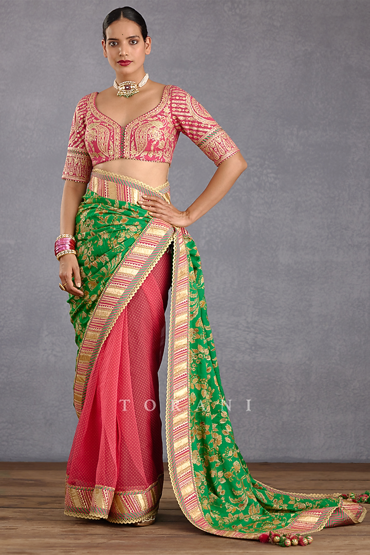 Rich Green Silk Organza Hand Block Printed & Gota Embroidered Wedding Saree by TORANI at Pernia's Pop Up Shop