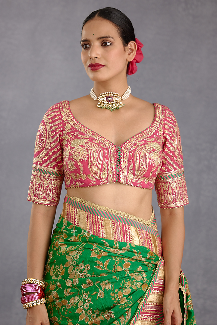 Rich Green Silk Organza Hand Block Printed & Gota Embroidered Wedding Saree by TORANI at Pernia's Pop Up Shop