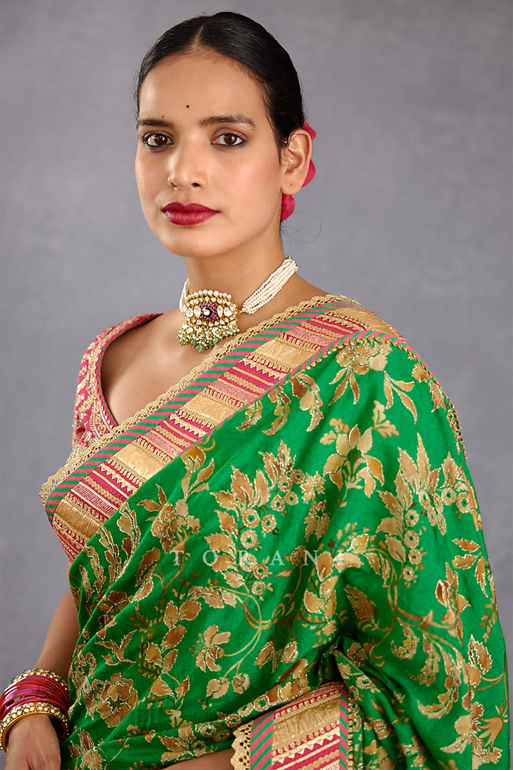 Rich Green Silk Organza Hand Block Printed & Gota Embroidered Wedding Saree by TORANI at Pernia's Pop Up Shop