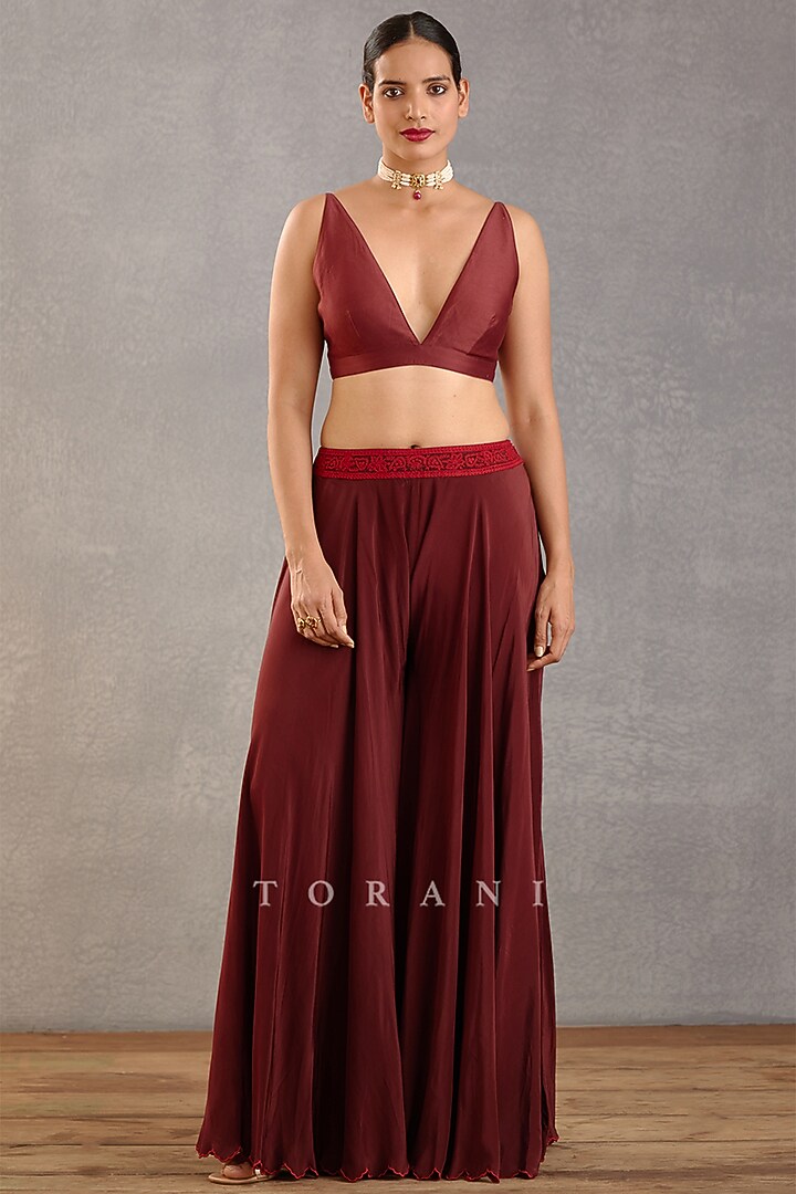 Burgundy Silk Crepe Wedding Sharara Set by TORANI at Pernia's Pop Up Shop