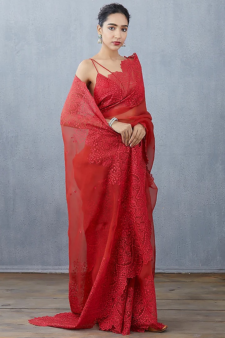 Red Silk Organza Embroidered Saree by TORANI