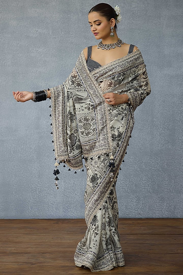 Black & White Organza Kalamkari Printed Wedding Saree by TORANI at Pernia's Pop Up Shop