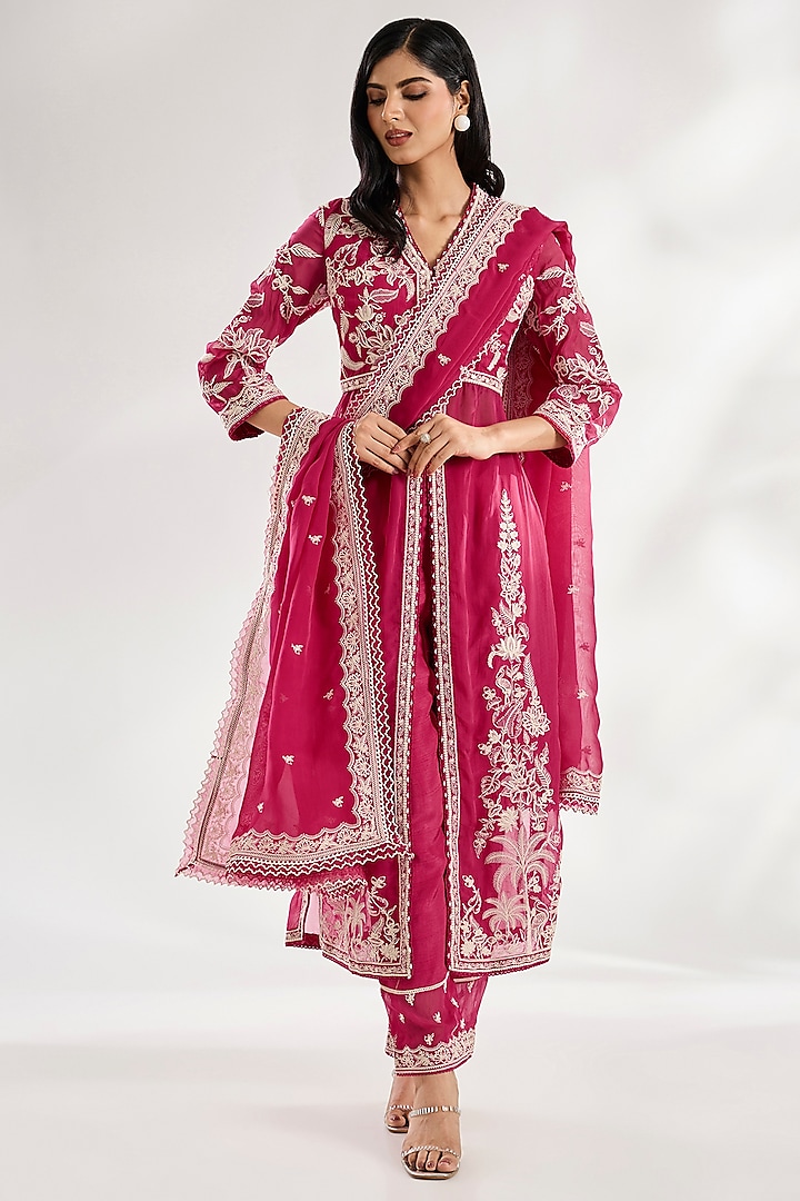 Dark Pink Jeni Silk & Organza Dori Embroidered Kurta Set by TORANI at Pernia's Pop Up Shop