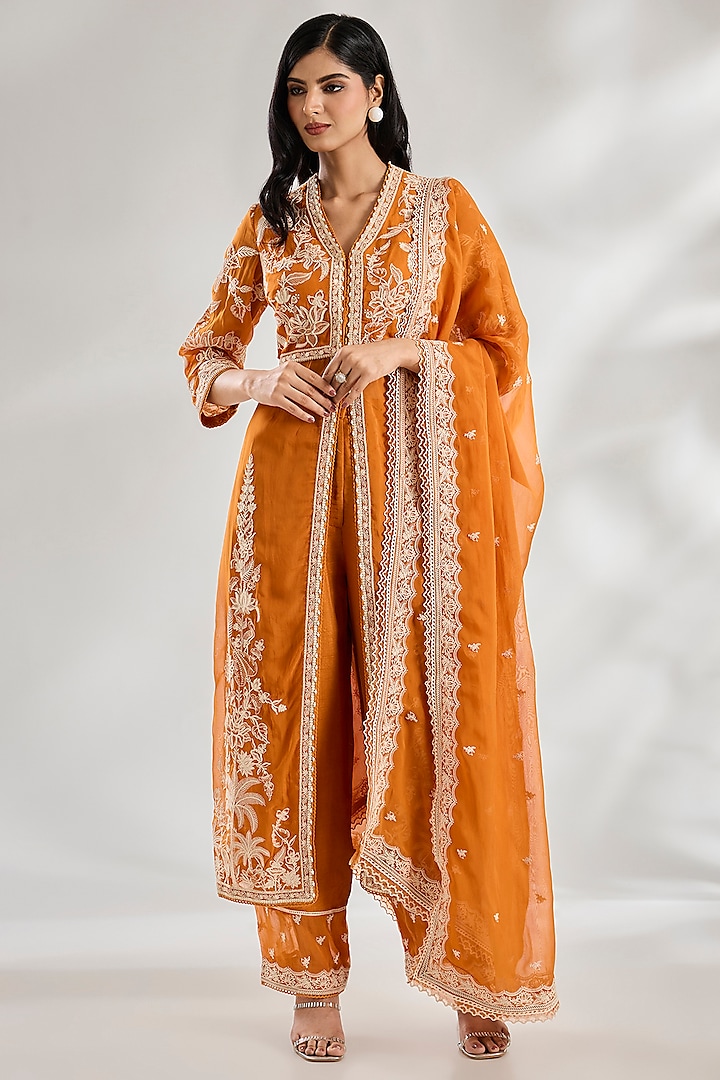 Dark Yellow Jeni Silk & Organza Dori Embroidered Kurta Set by TORANI at Pernia's Pop Up Shop