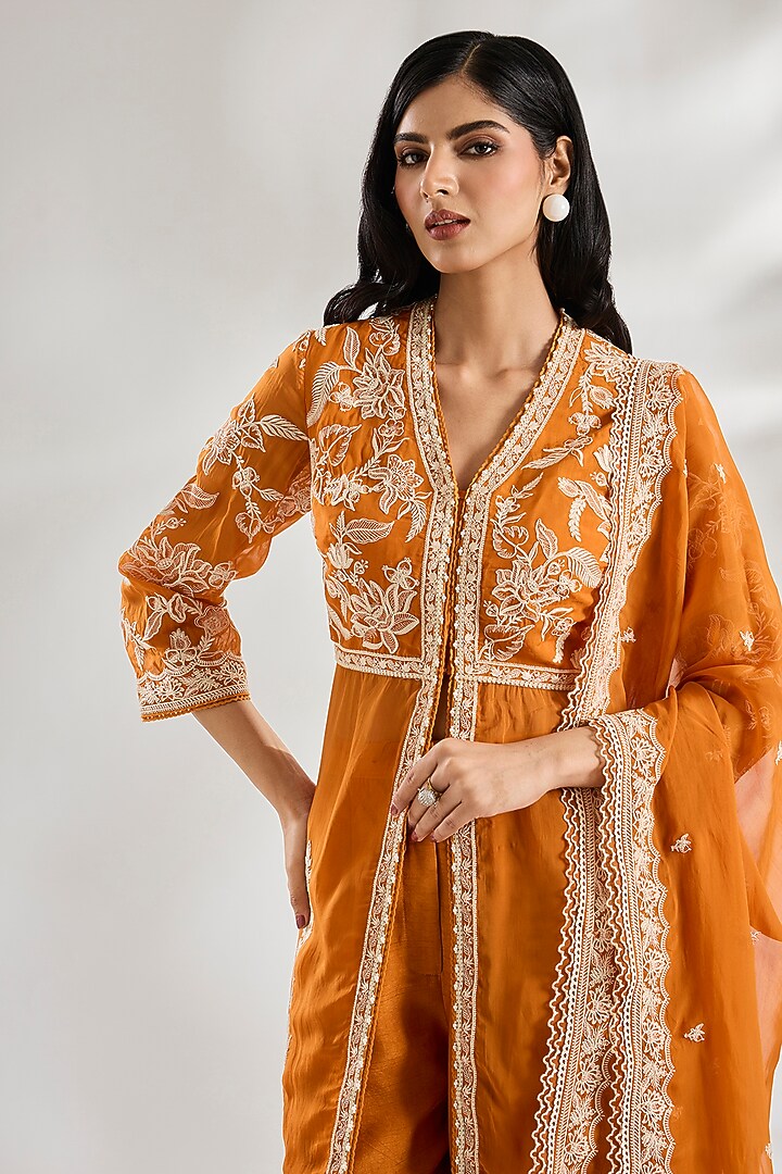 Dark Yellow Jeni Silk & Organza Dori Embroidered Kurta Set by TORANI at Pernia's Pop Up Shop