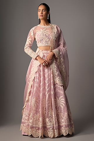 Lilac Silk Organza & Handwoven Chanderi Lehenga Set by TORANI