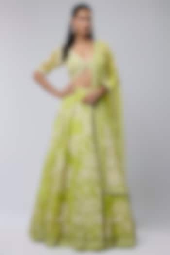 Green Silk Organza & Cotton Silk Bridal Lehenga Set by TORANI at Pernia's Pop Up Shop