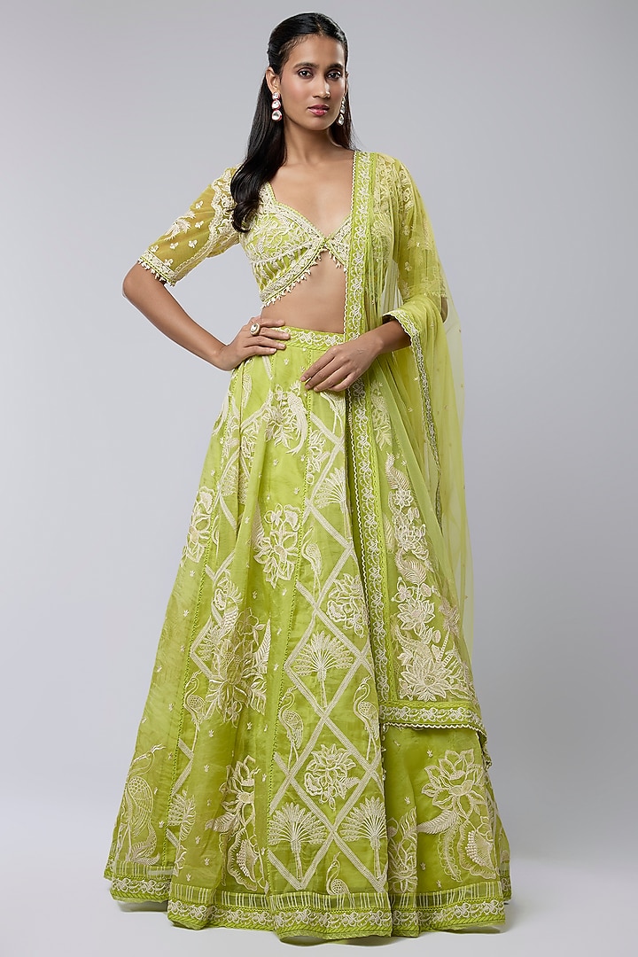 Green Silk Organza & Cotton Silk Bridal Lehenga Set by TORANI at Pernia's Pop Up Shop