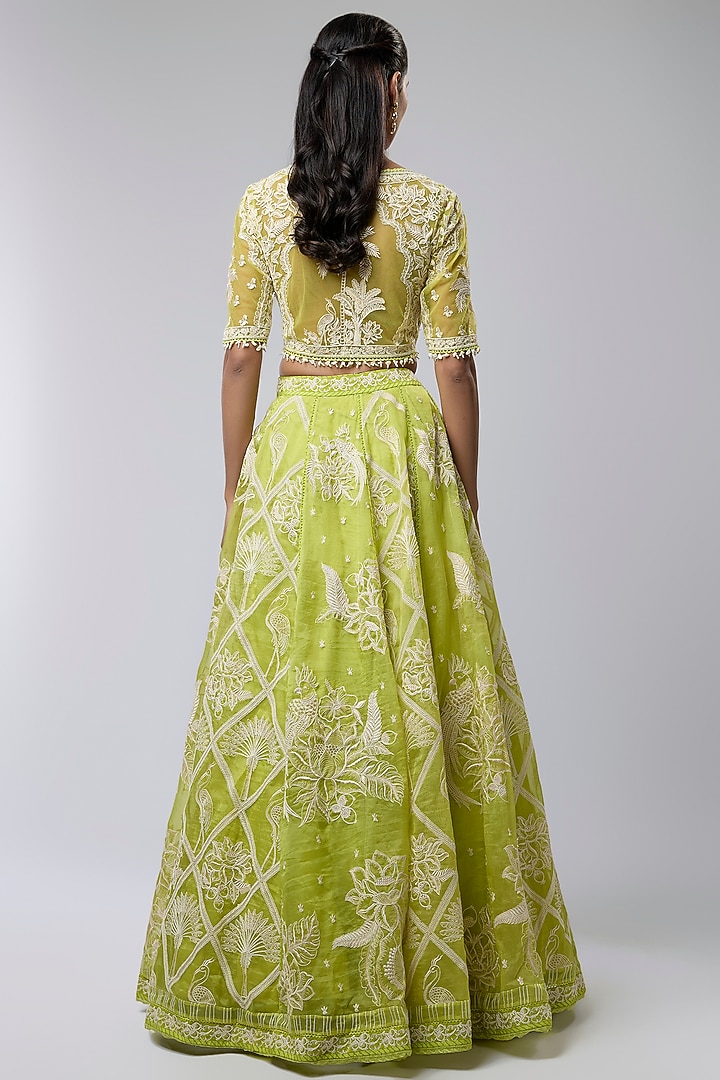 Green Silk Organza & Cotton Silk Bridal Lehenga Set by TORANI at Pernia's Pop Up Shop