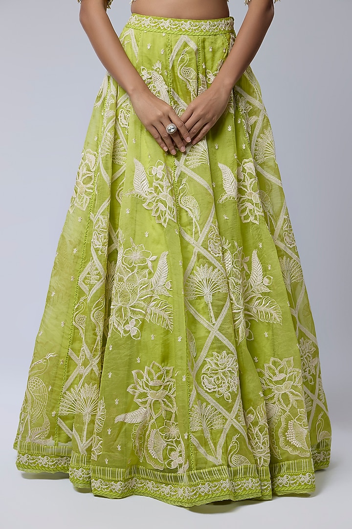 Green Silk Organza & Cotton Silk Bridal Lehenga Set by TORANI at Pernia's Pop Up Shop