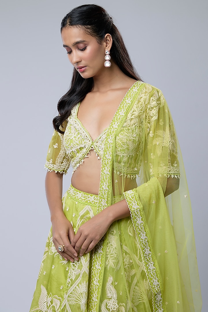 Green Silk Organza & Cotton Silk Bridal Lehenga Set by TORANI at Pernia's Pop Up Shop