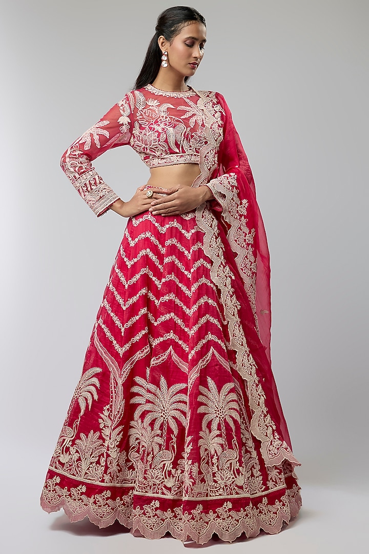 Red Silk Organza & Cotton Silk Bridal Lehenga Set by TORANI at Pernia's Pop Up Shop