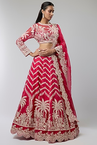 Red Silk Organza & Cotton Silk Lehenga Set by TORANI