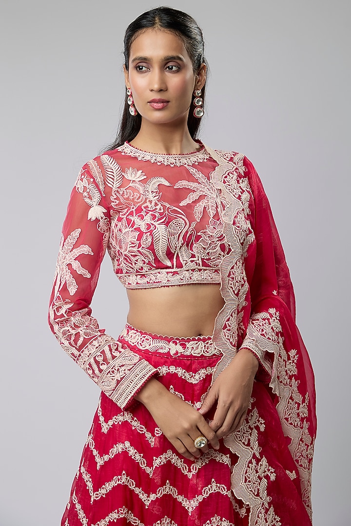 Red Silk Organza & Cotton Silk Bridal Lehenga Set by TORANI at Pernia's Pop Up Shop
