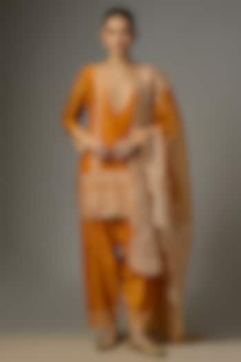 Dark Yellow Handwoven Chanderi Aari Embroidered Kurta Set by TORANI at Pernia's Pop Up Shop