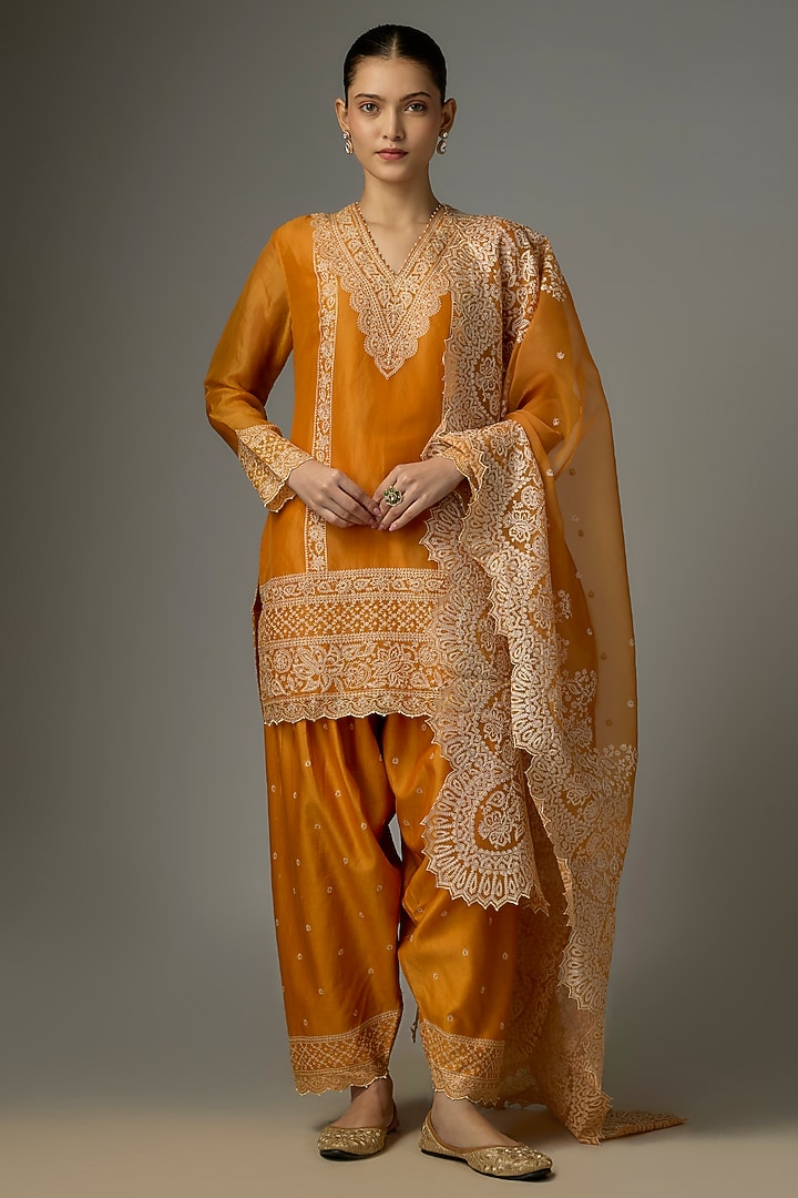 Dark Yellow Handwoven Chanderi Aari Embroidered Kurta Set by TORANI at Pernia's Pop Up Shop