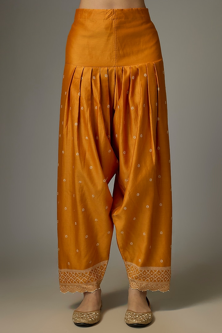 Dark Yellow Handwoven Chanderi Aari Embroidered Kurta Set by TORANI at Pernia's Pop Up Shop
