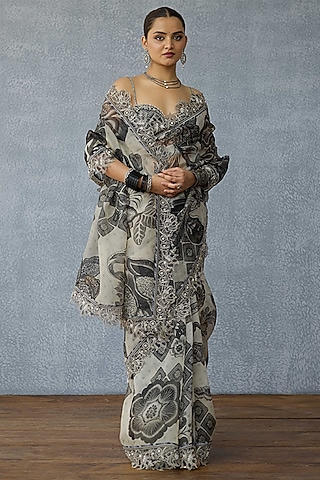 Black & White Organza Floral Printed Saree by TORANI