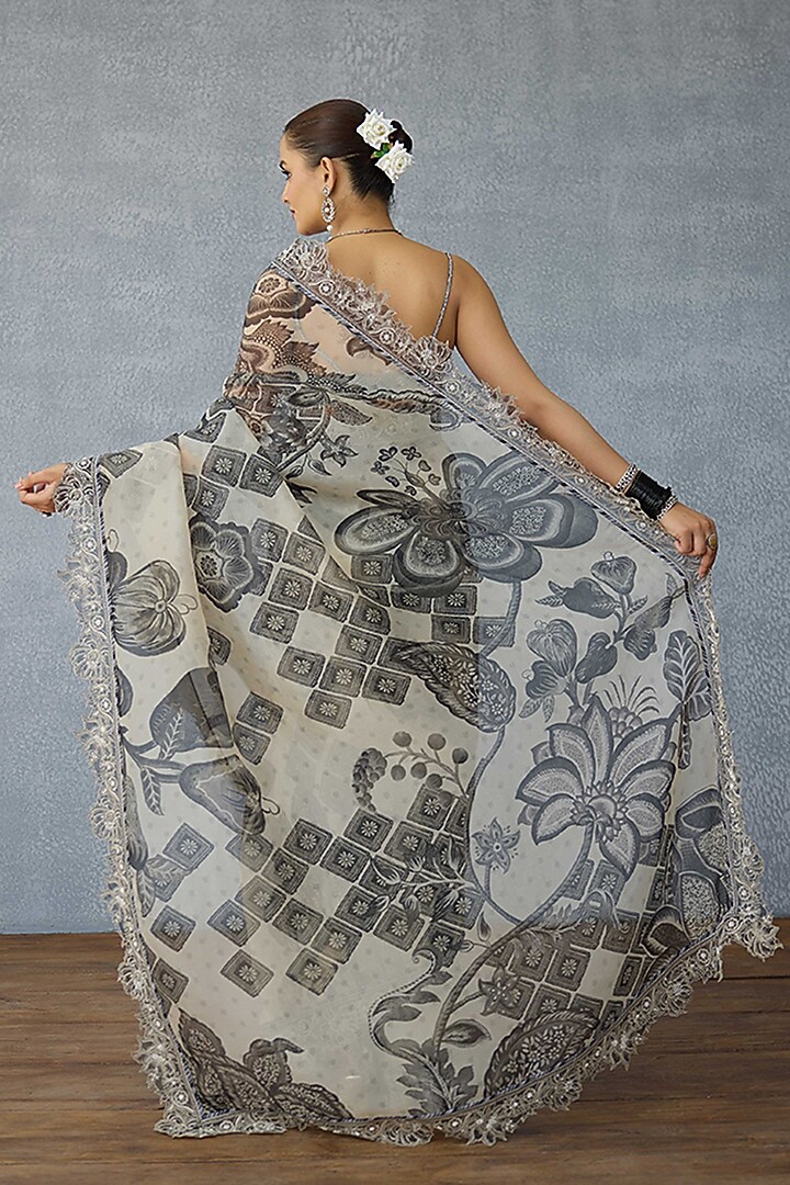 Black & White Organza Floral Printed Wedding Saree by TORANI at Pernia's Pop Up Shop