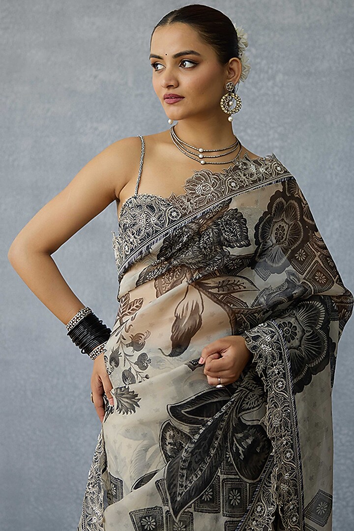 Black & White Organza Floral Printed Wedding Saree by TORANI at Pernia's Pop Up Shop