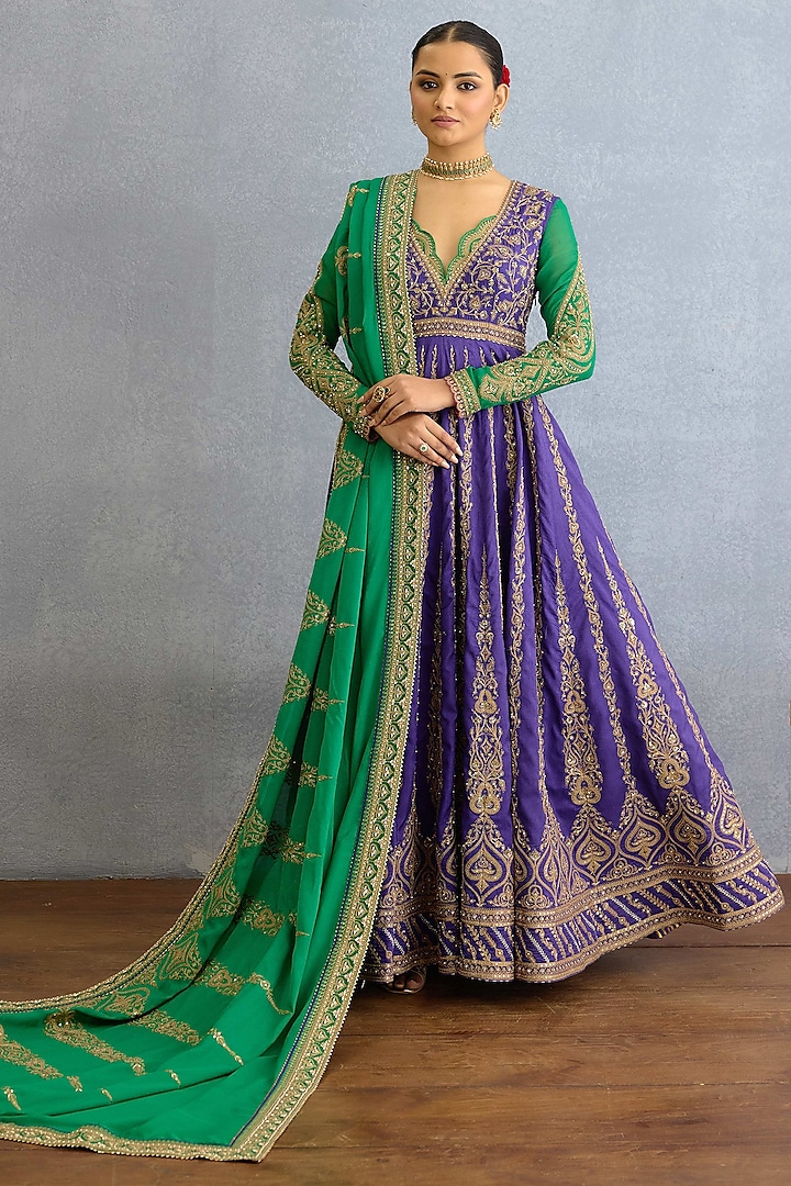Purple Muslin Silk Pearl & Zari Embellished Bridal Anarkali Set by Torani at Pernia's Pop Up Shop