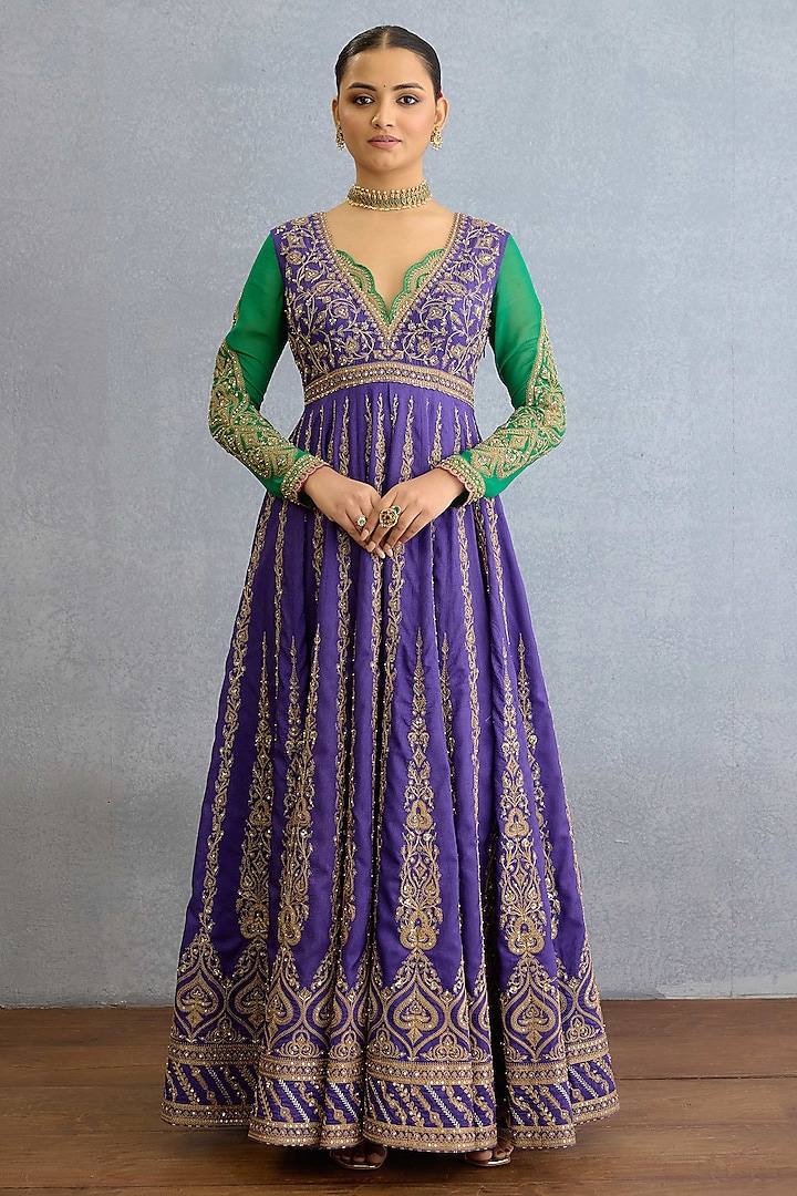 Purple Muslin Silk Pearl & Zari Embellished Bridal Anarkali Set by Torani at Pernia's Pop Up Shop