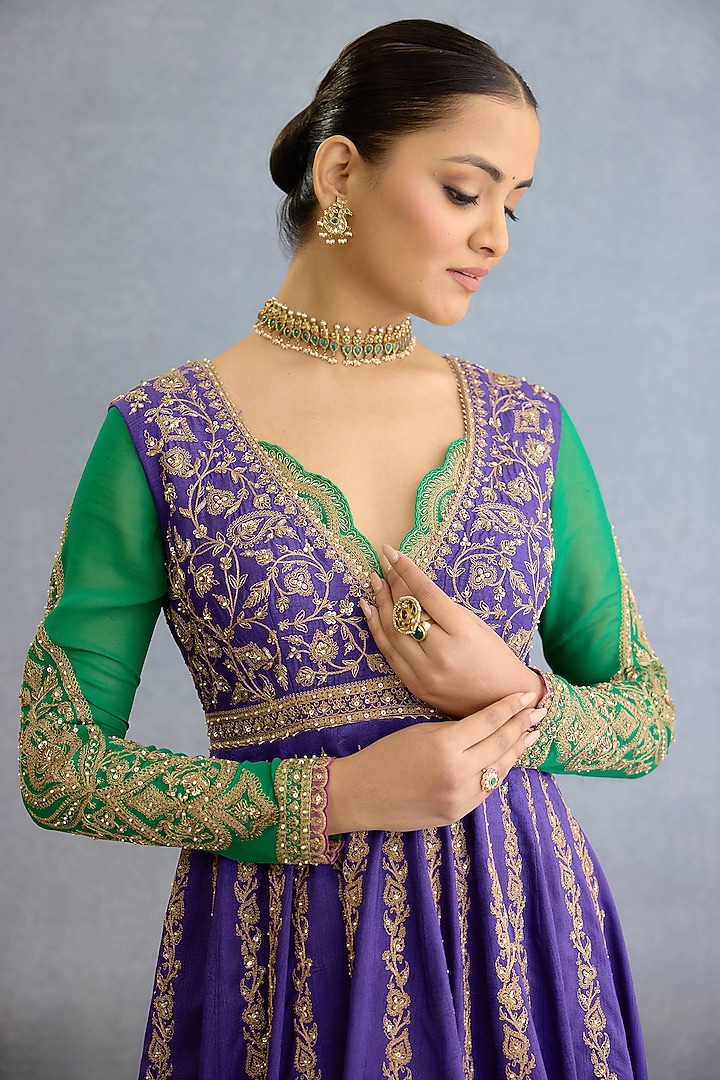Purple Muslin Silk Pearl & Zari Embellished Bridal Anarkali Set by Torani at Pernia's Pop Up Shop