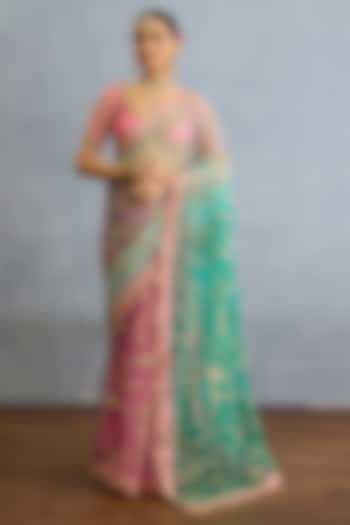 Pink & Aqua Blue Butterfly Net Sequin & Pearl Embellished Bridal Saree Set by Torani at Pernia's Pop Up Shop