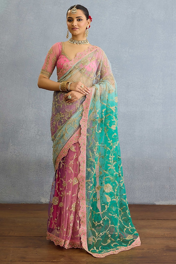 Pink & Aqua Blue Butterfly Net Sequin & Pearl Embellished Bridal Saree Set by Torani at Pernia's Pop Up Shop