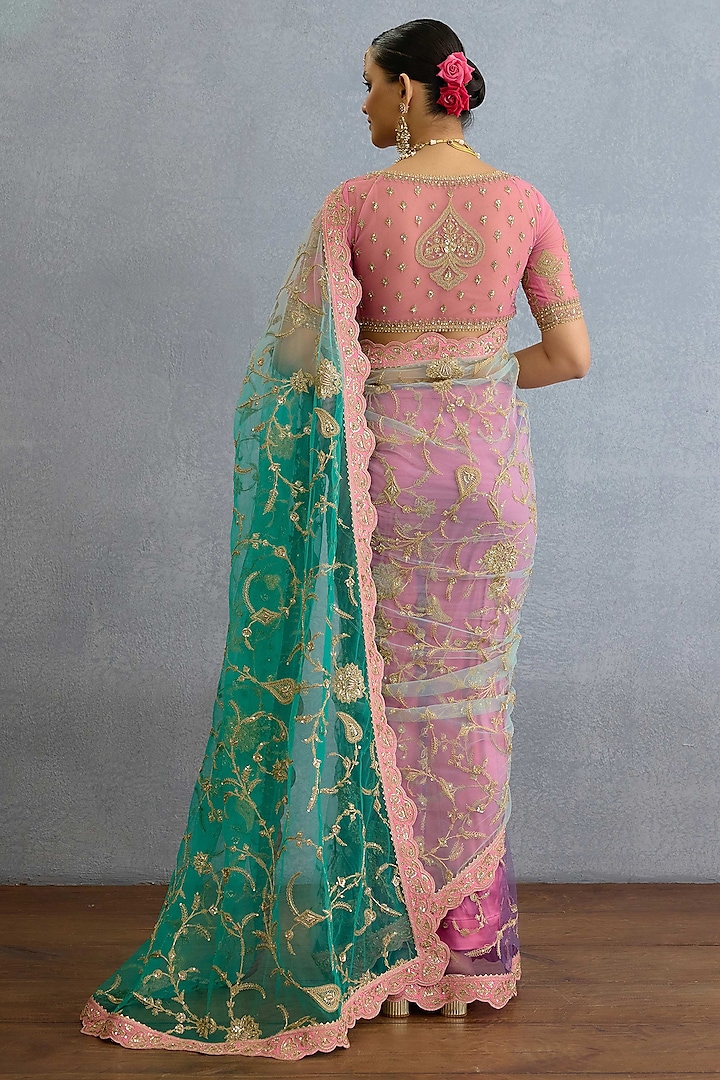 Pink & Aqua Blue Butterfly Net Sequin & Pearl Embellished Bridal Saree Set by Torani at Pernia's Pop Up Shop