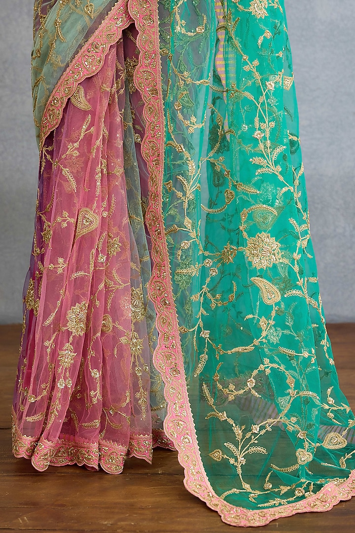 Pink & Aqua Blue Butterfly Net Sequin & Pearl Embellished Bridal Saree Set by Torani at Pernia's Pop Up Shop