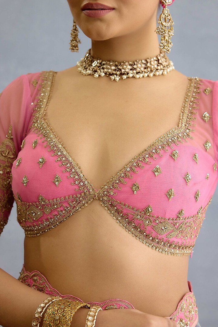 Pink & Aqua Blue Butterfly Net Sequin & Pearl Embellished Bridal Saree Set by Torani at Pernia's Pop Up Shop
