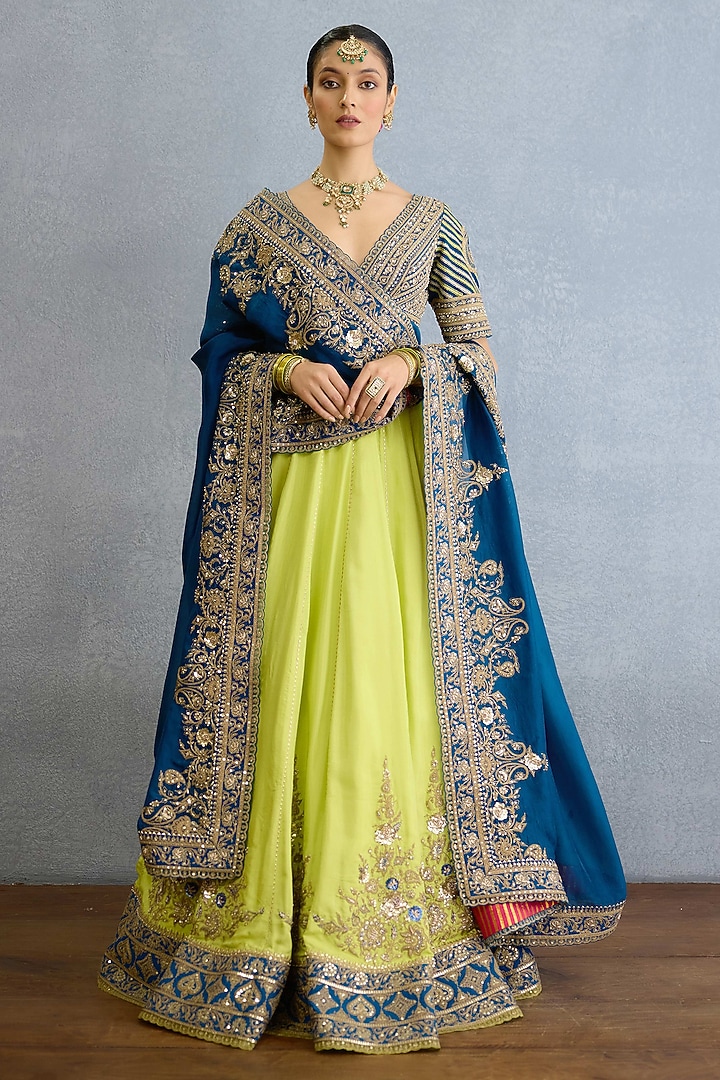 Green & Blue Muslin Silk Zari Hand Embellished Bridal Lehenga Set by Torani at Pernia's Pop Up Shop